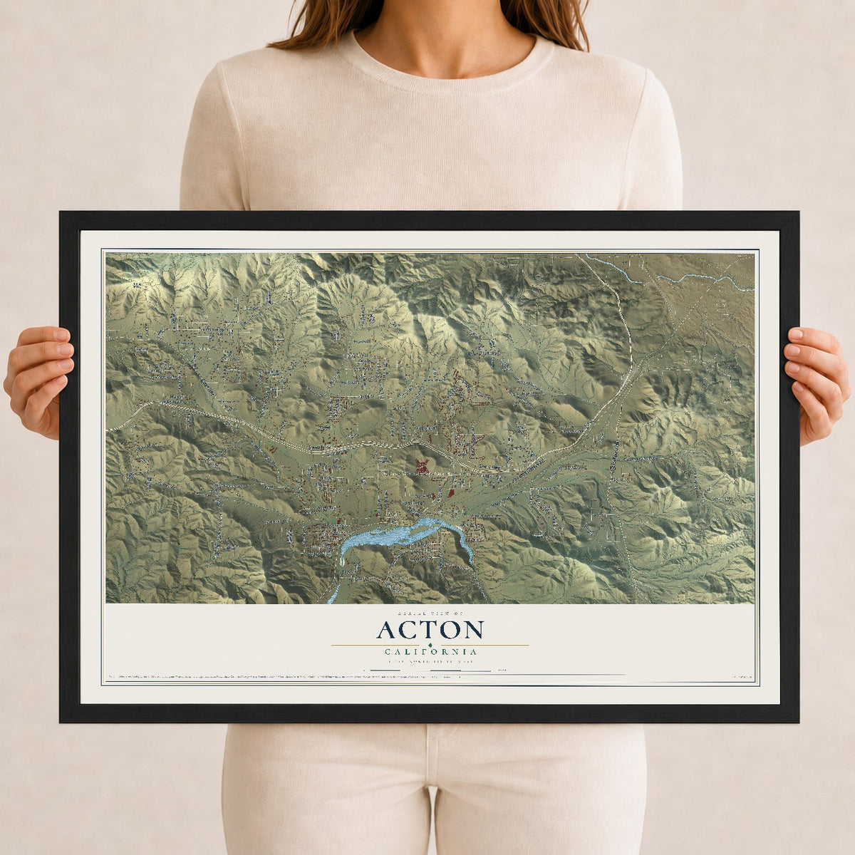 Map of Acton, California, 12 x 18 inch print in a black wood frame
