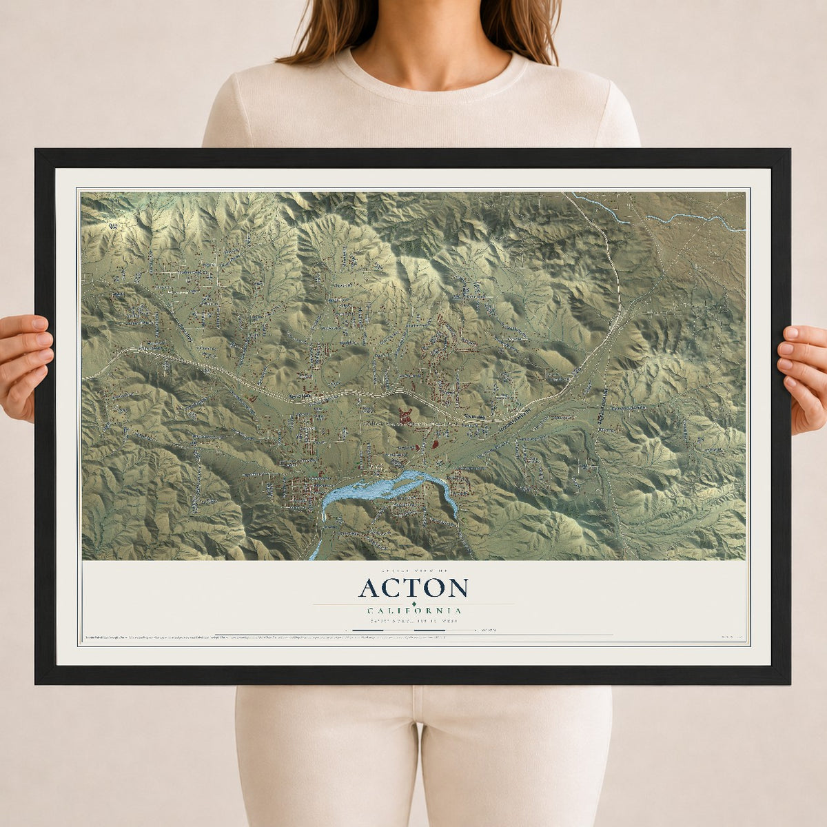 Map of Acton, California, 18 x 24 inch print in a black wood frame
