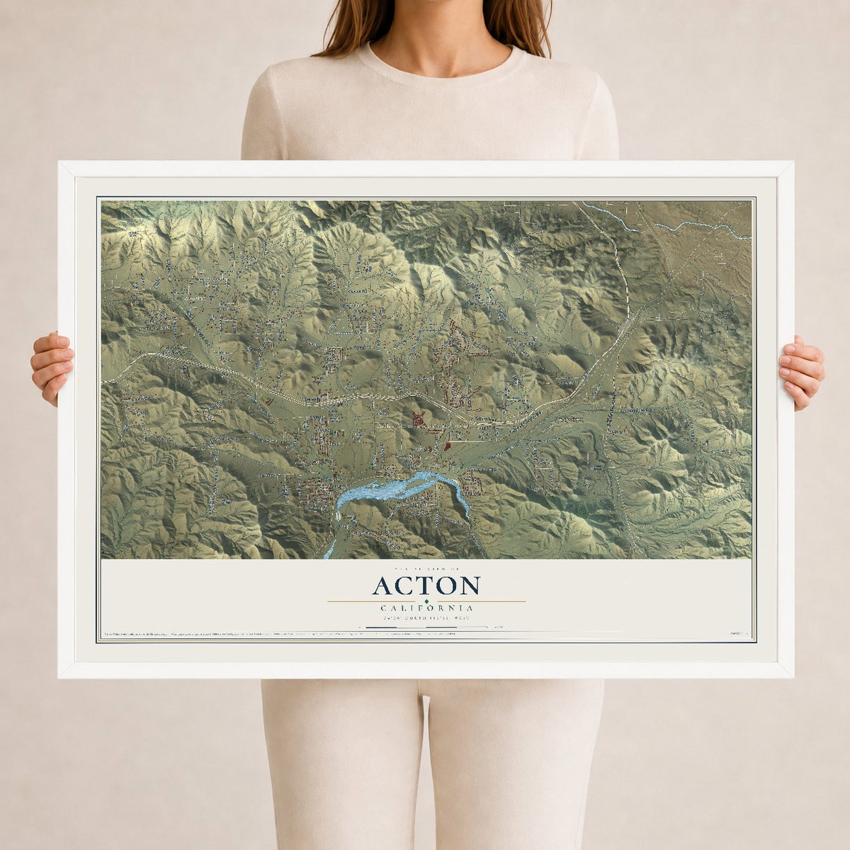 Map of Acton, California, 24 x 36 inch print in a white wood frame