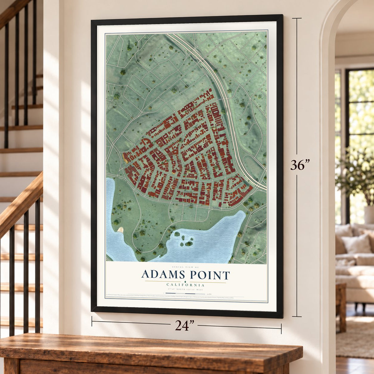 Adams Point, California map, 24 x 36 inch print in a black frame by a staircase