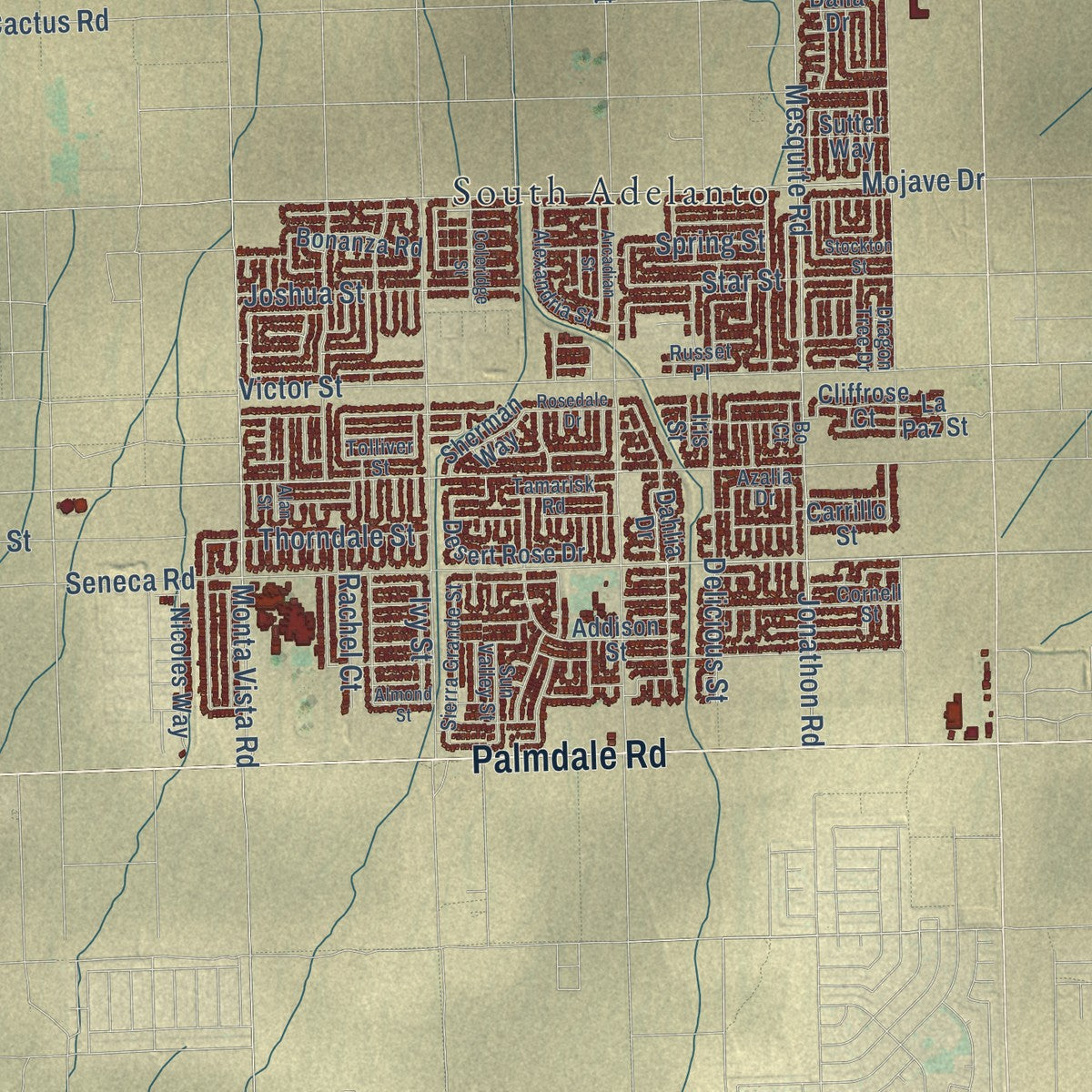 Close-up of the map of Adelanto, California print showing street and building detail