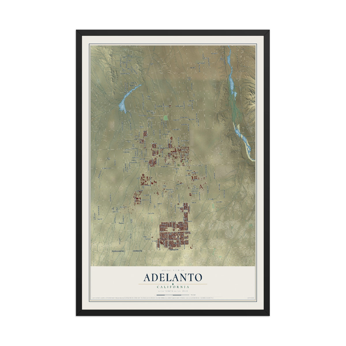 Map of Adelanto, California, 12 x 18 inch print in a black wood frame