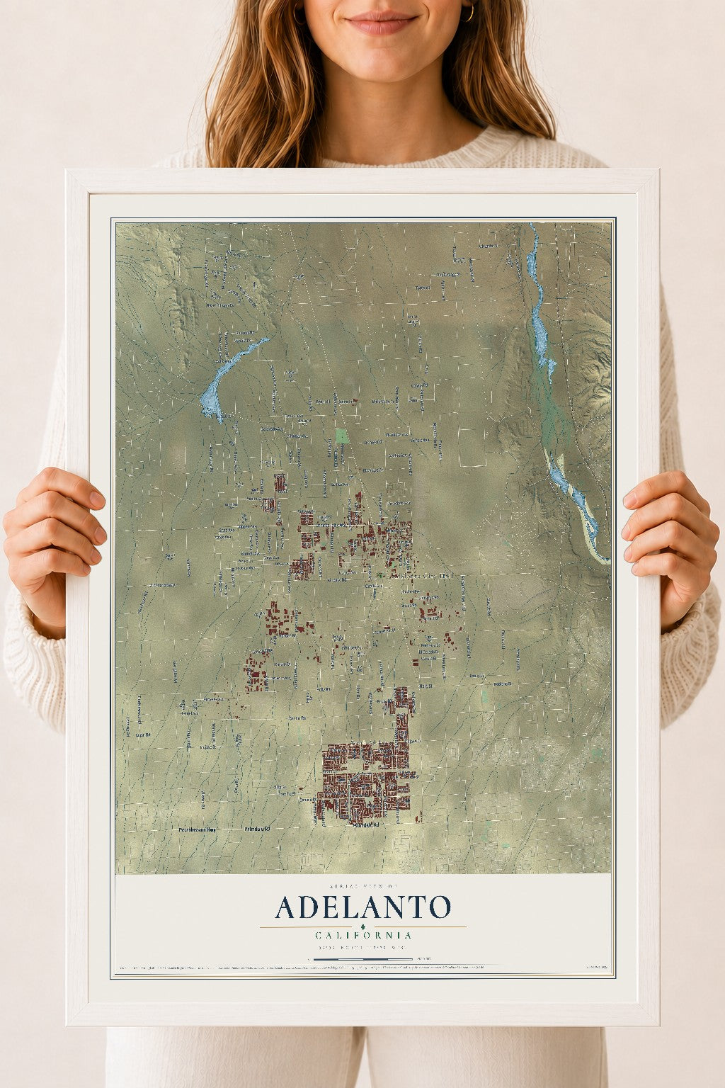 Map of Adelanto, California, 18 x 24 inch print in a white wood frame