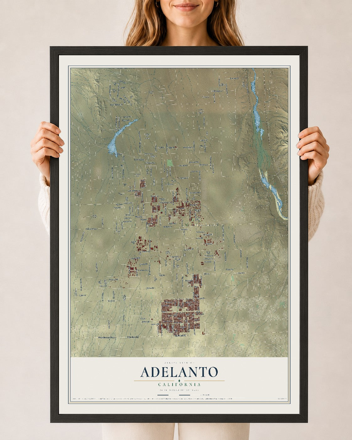 Map of Adelanto, California, 24 x 36 inch print in a black wood frame
