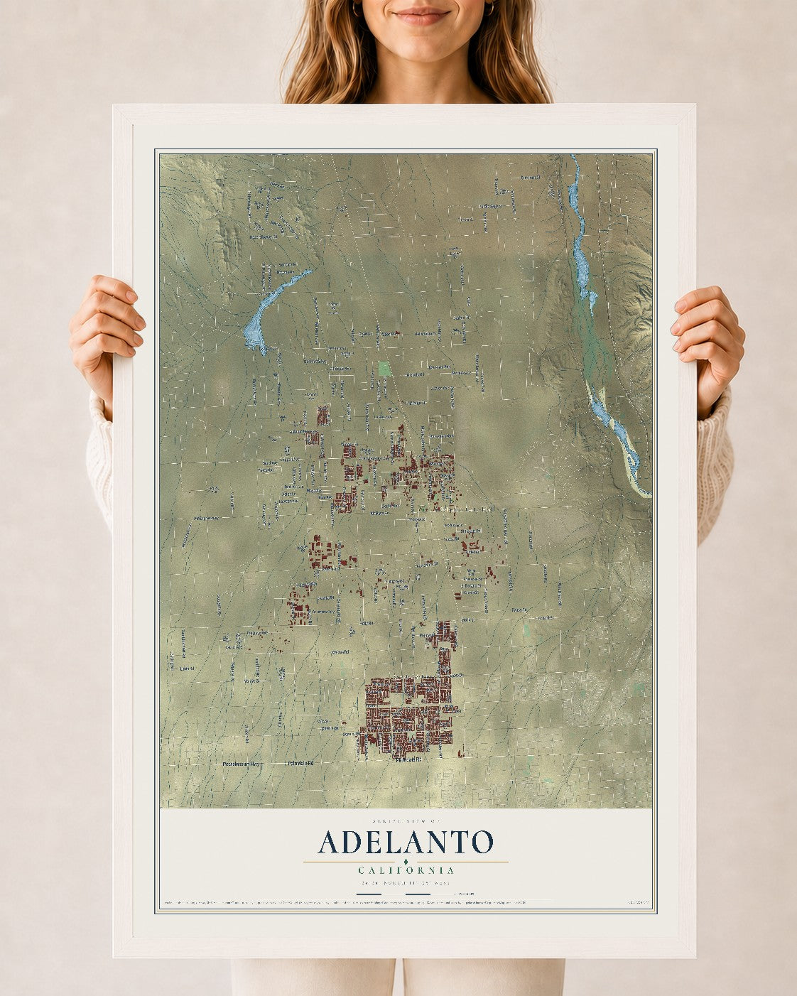 Map of Adelanto, California, 24 x 36 inch print in a white wood frame
