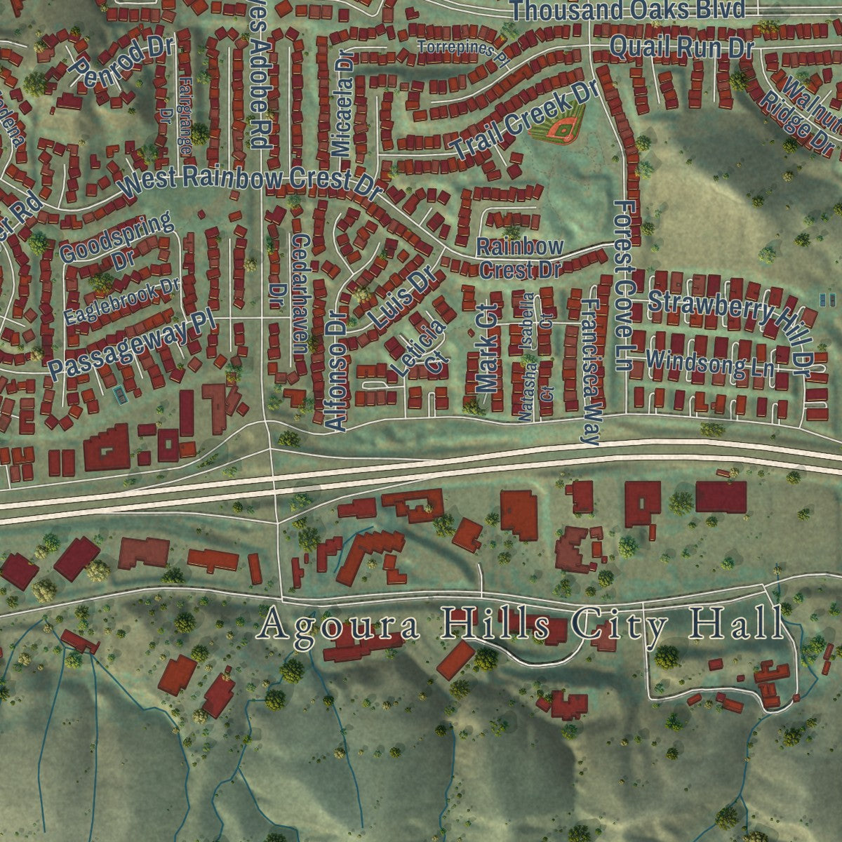 Close-up of the map of Agoura Hills, California print showing street and building detail
