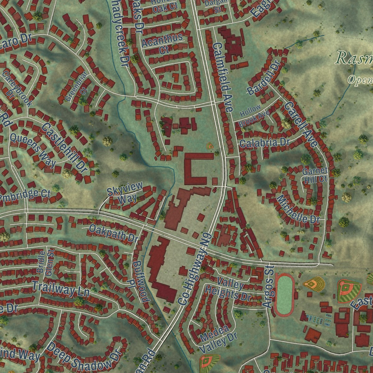 Second close-up of the map of Agoura Hills, California print showing more streets and buildings