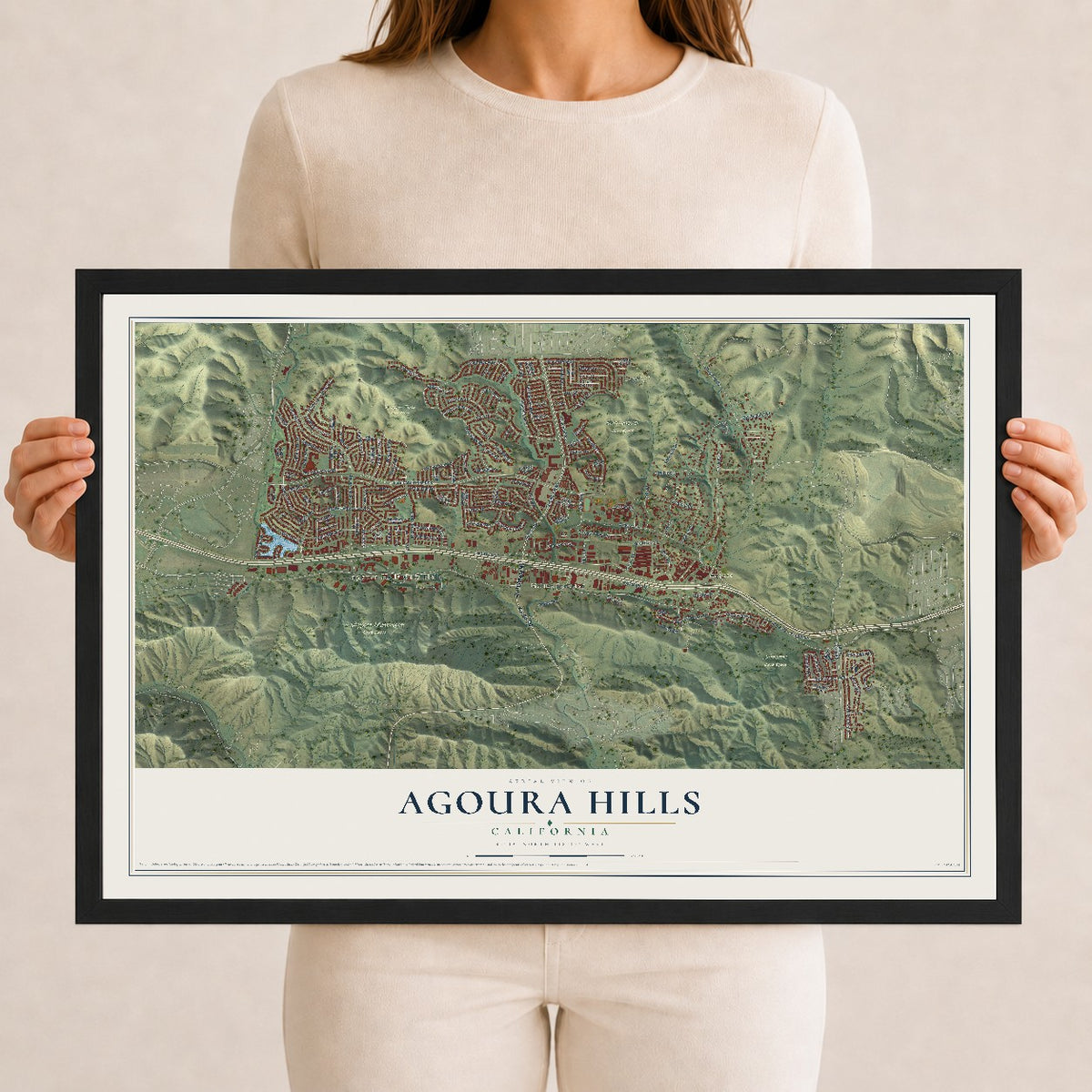 Map of Agoura Hills, California, 12 x 18 inch print in a black wood frame