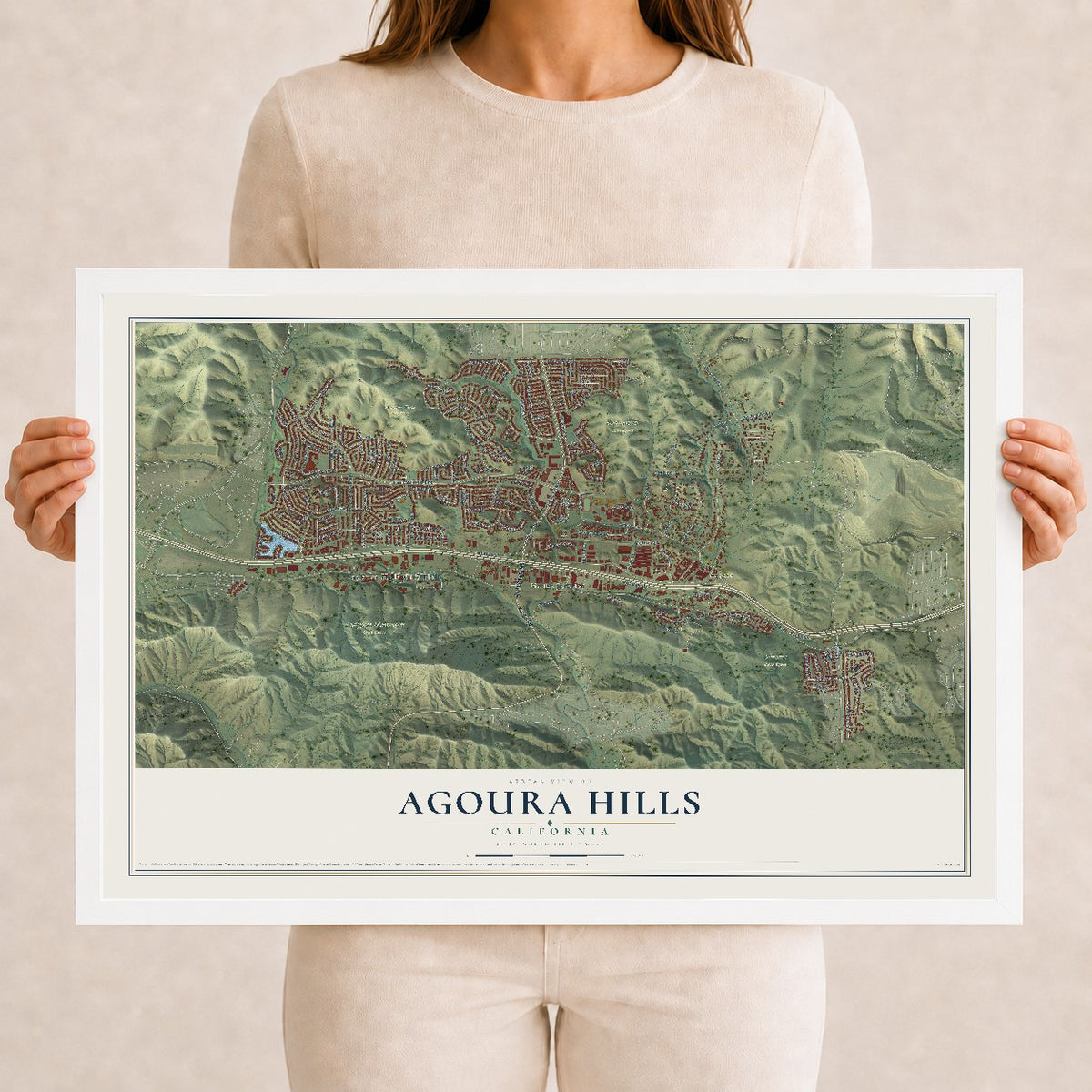 Map of Agoura Hills, California, 12 x 18 inch print in a white wood frame