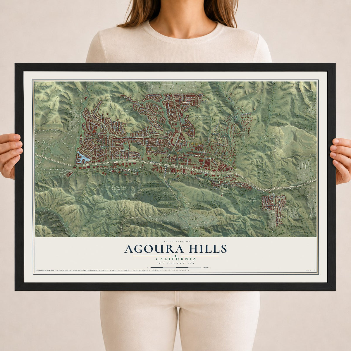Map of Agoura Hills, California, 18 x 24 inch print in a black wood frame