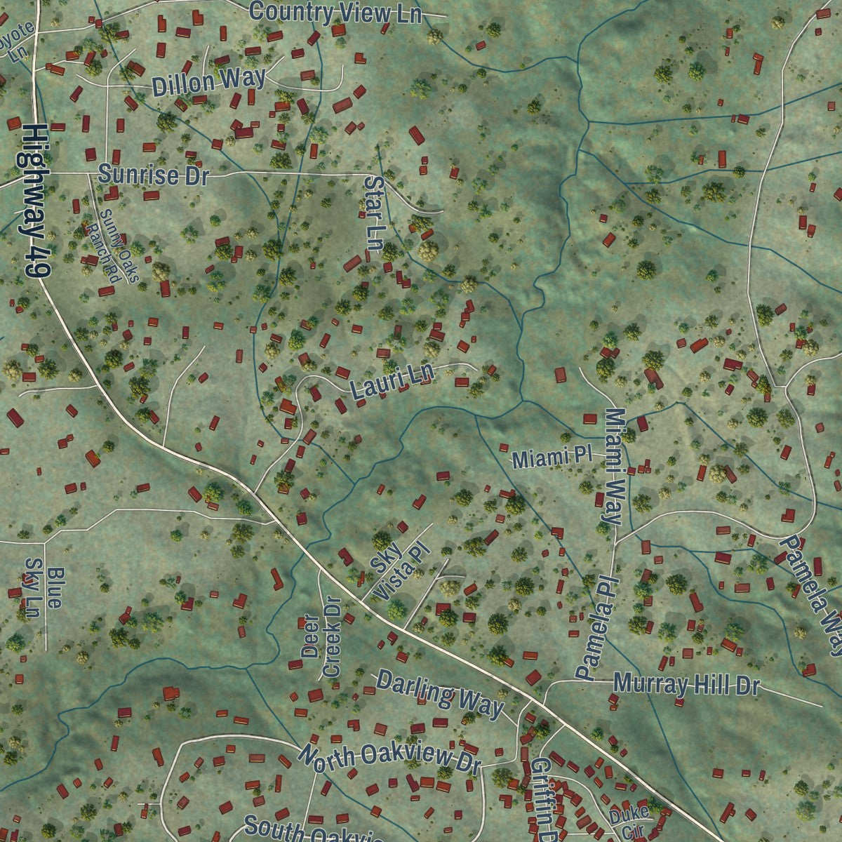 Close-up of the map of Ahwahnee, California print showing street and building detail