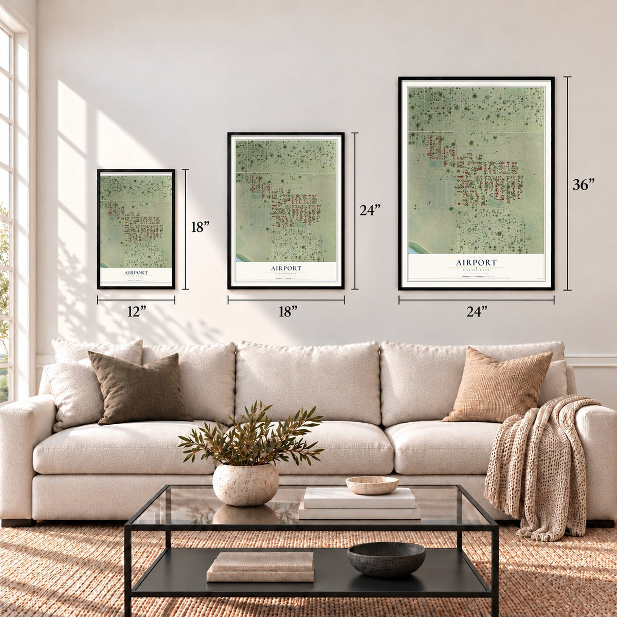 Airport, California map in 12 x 18, 18 x 24 and 24 x 36 inch sizes above a sofa