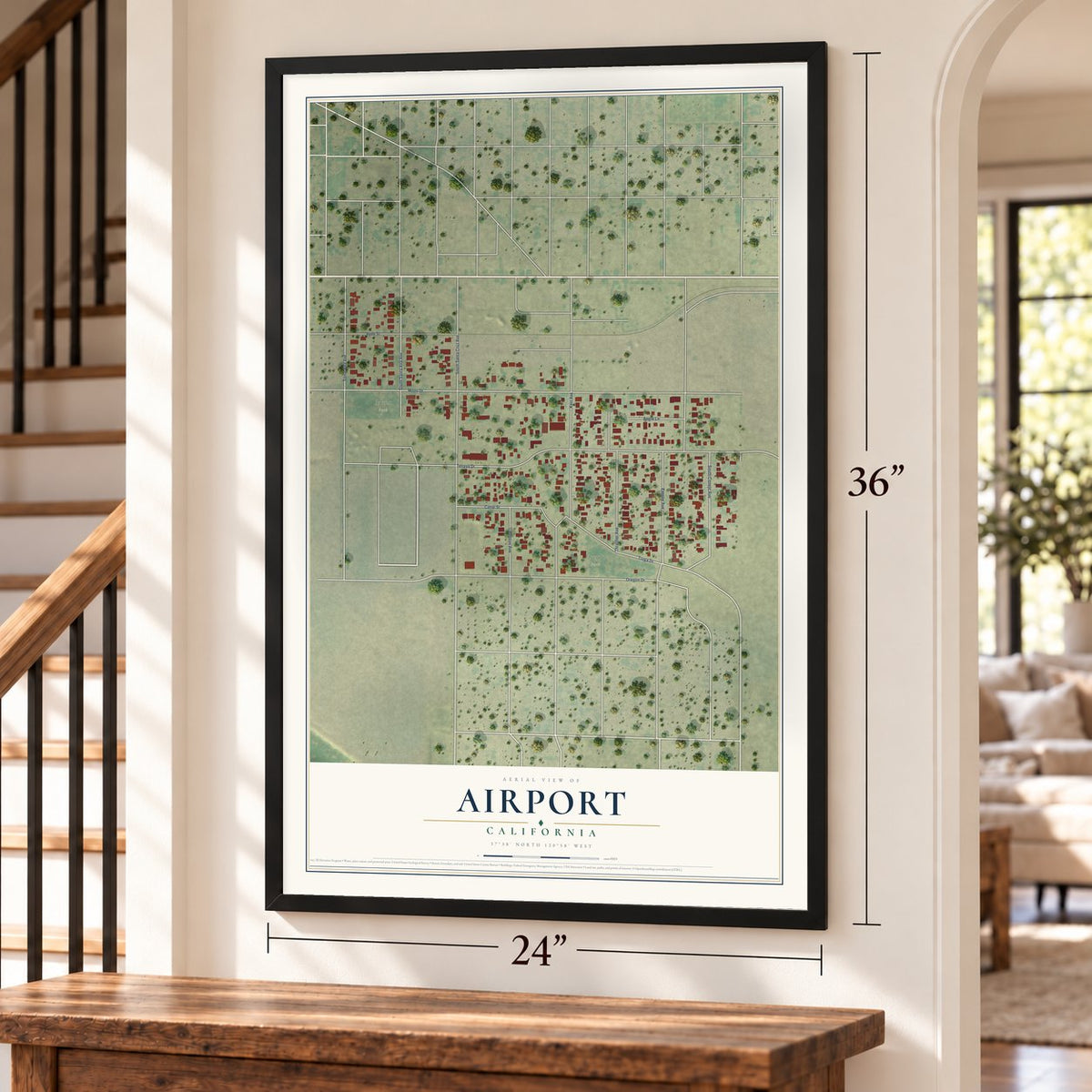 Airport, California map, 24 x 36 inch print in a black frame by a staircase