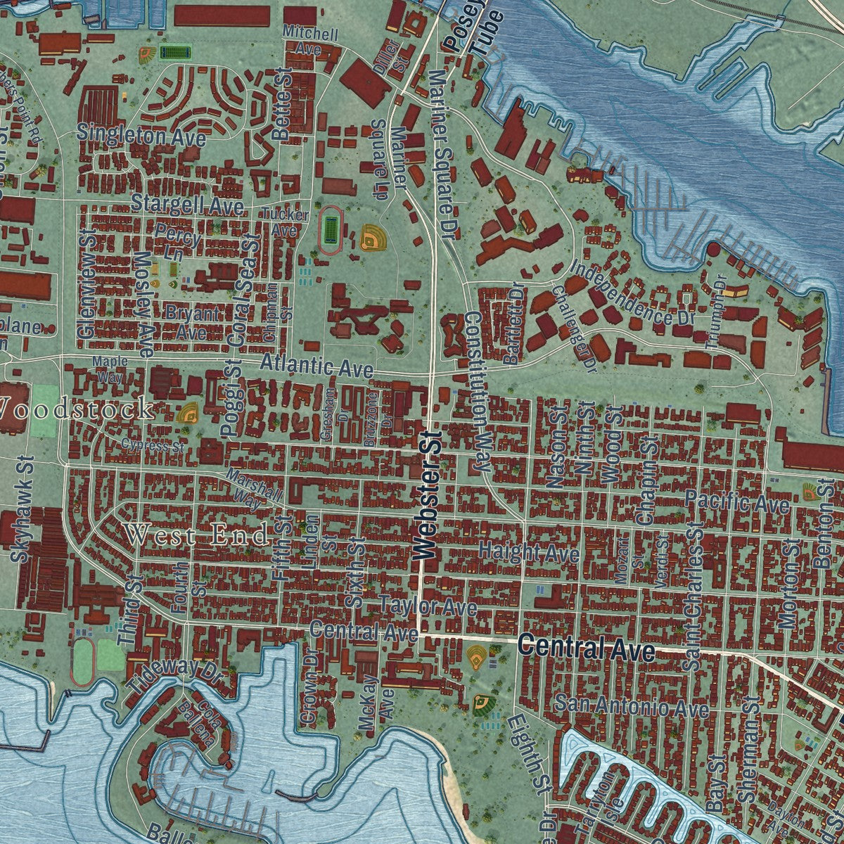 Close-up of the map of Alameda, California print showing street and building detail