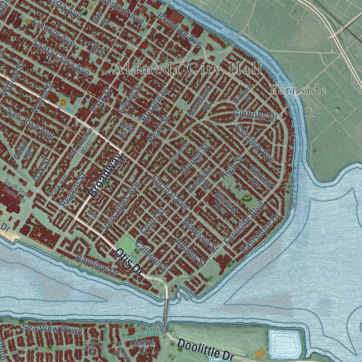 Second close-up of the map of Alameda, California print showing more streets and buildings
