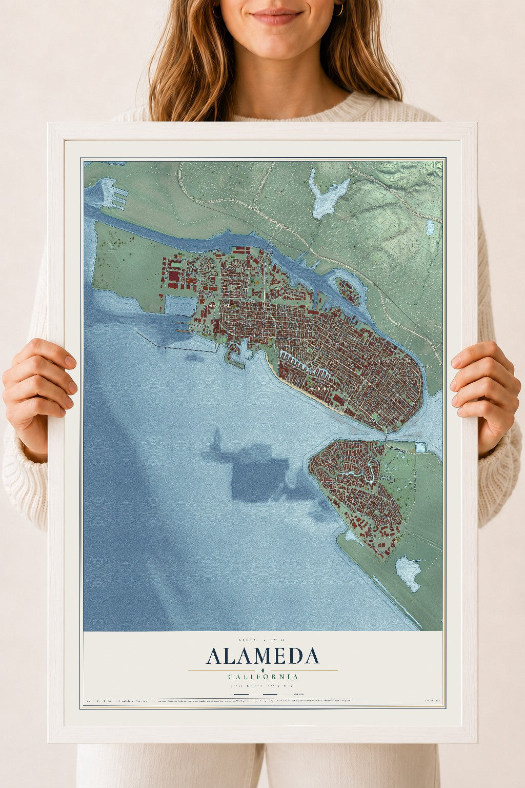 Map of Alameda, California, 18 x 24 inch print in a white wood frame