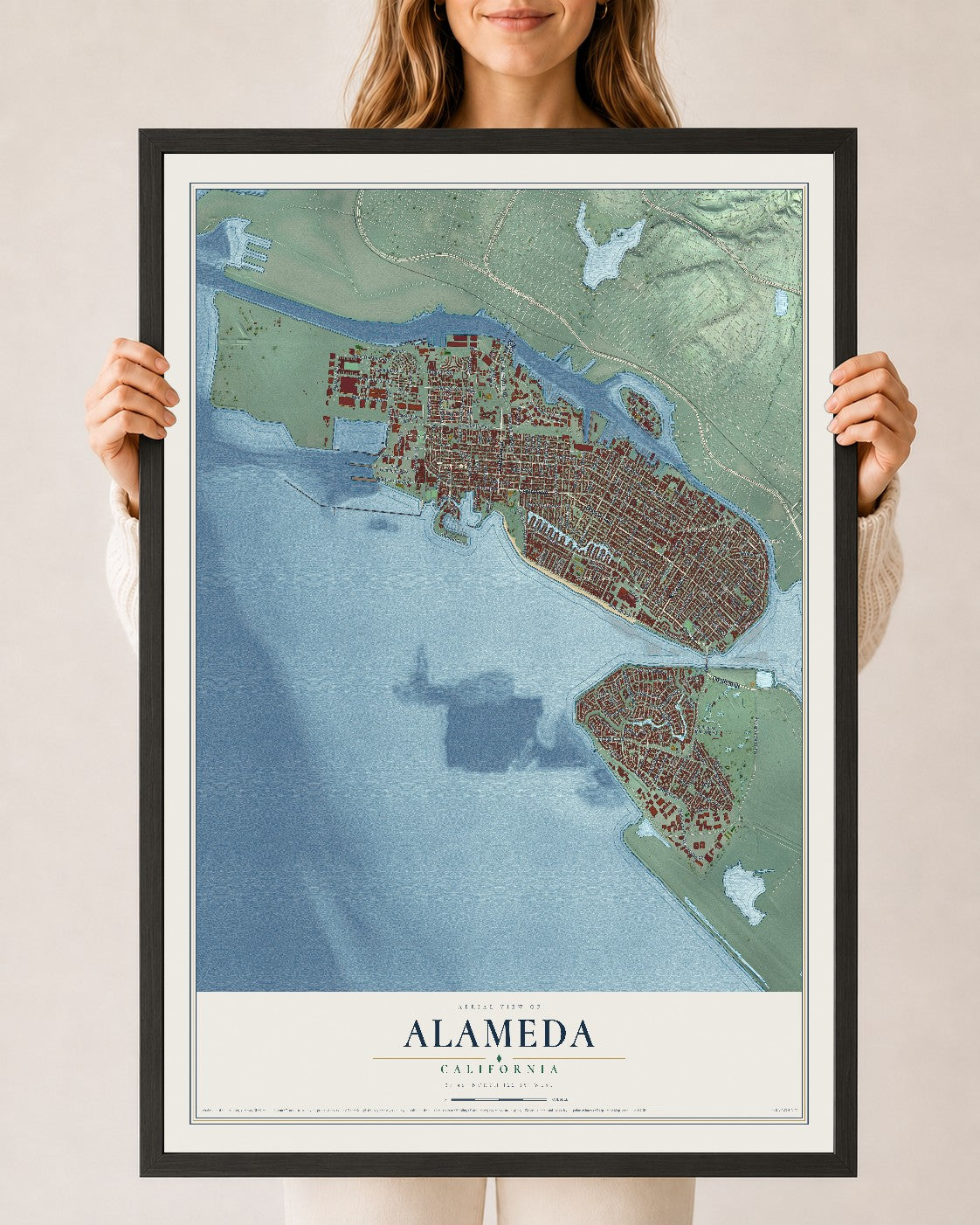 Map of Alameda, California, 24 x 36 inch print in a black wood frame