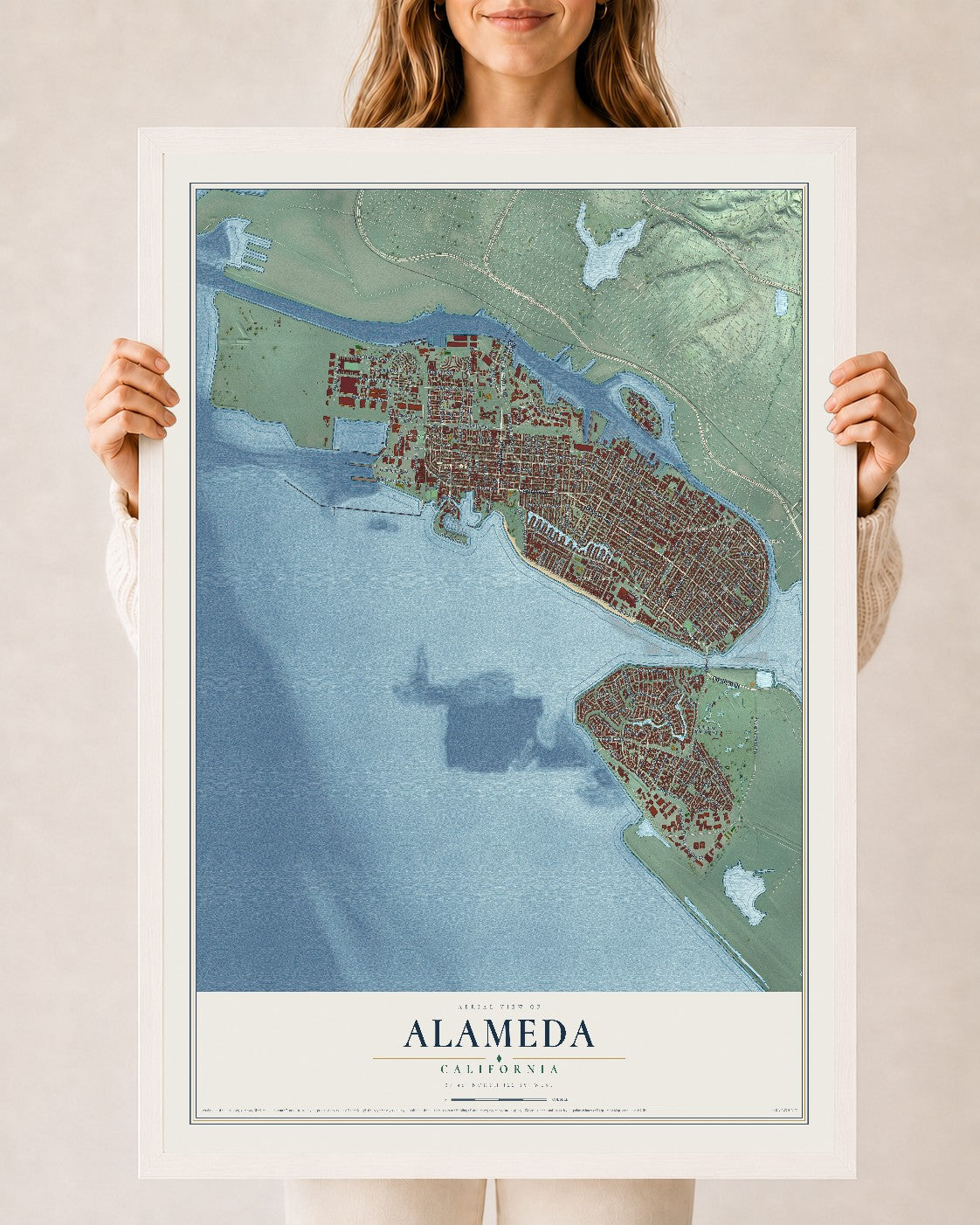 Map of Alameda, California, 24 x 36 inch print in a white wood frame