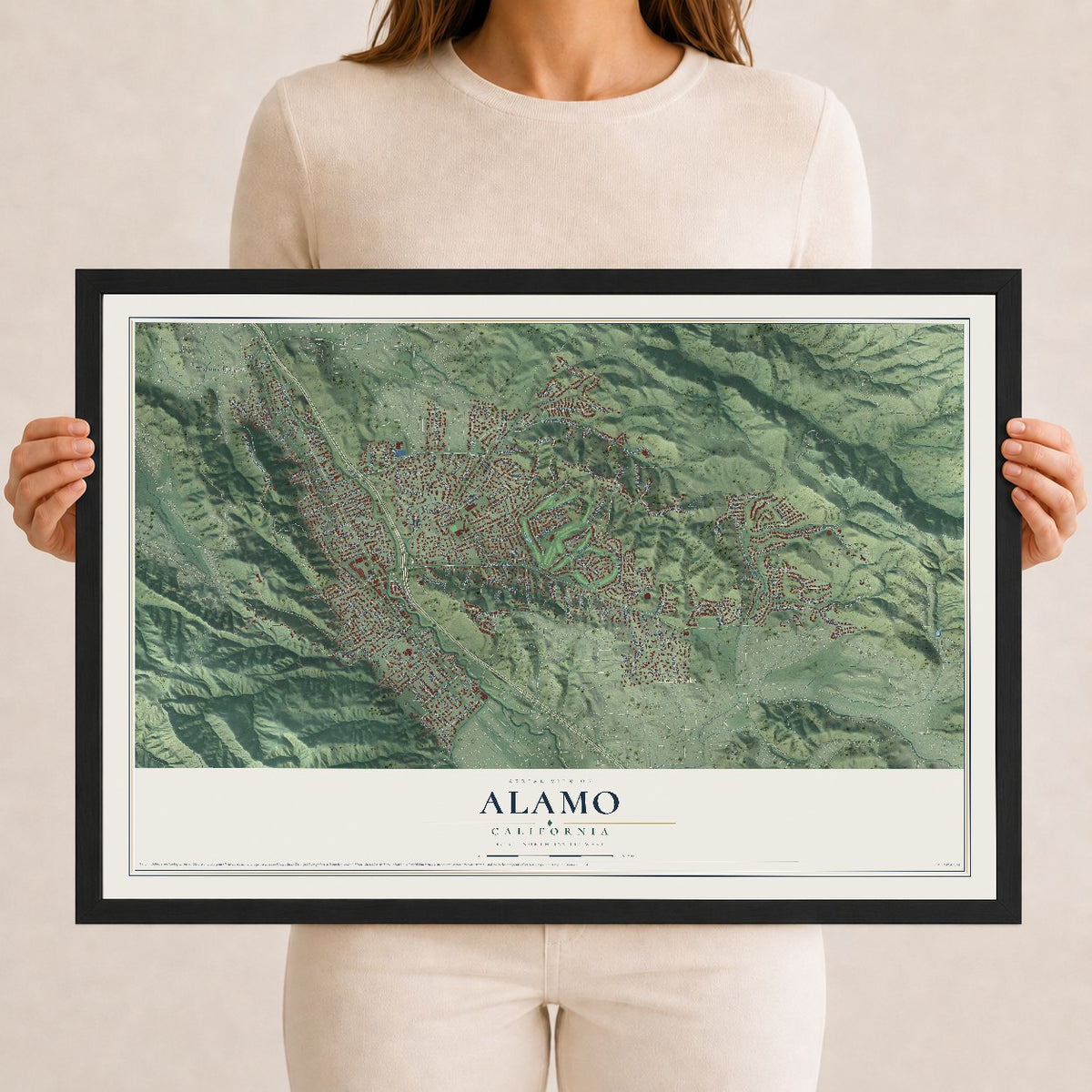 Map of Alamo, California, 12 x 18 inch print in a black wood frame