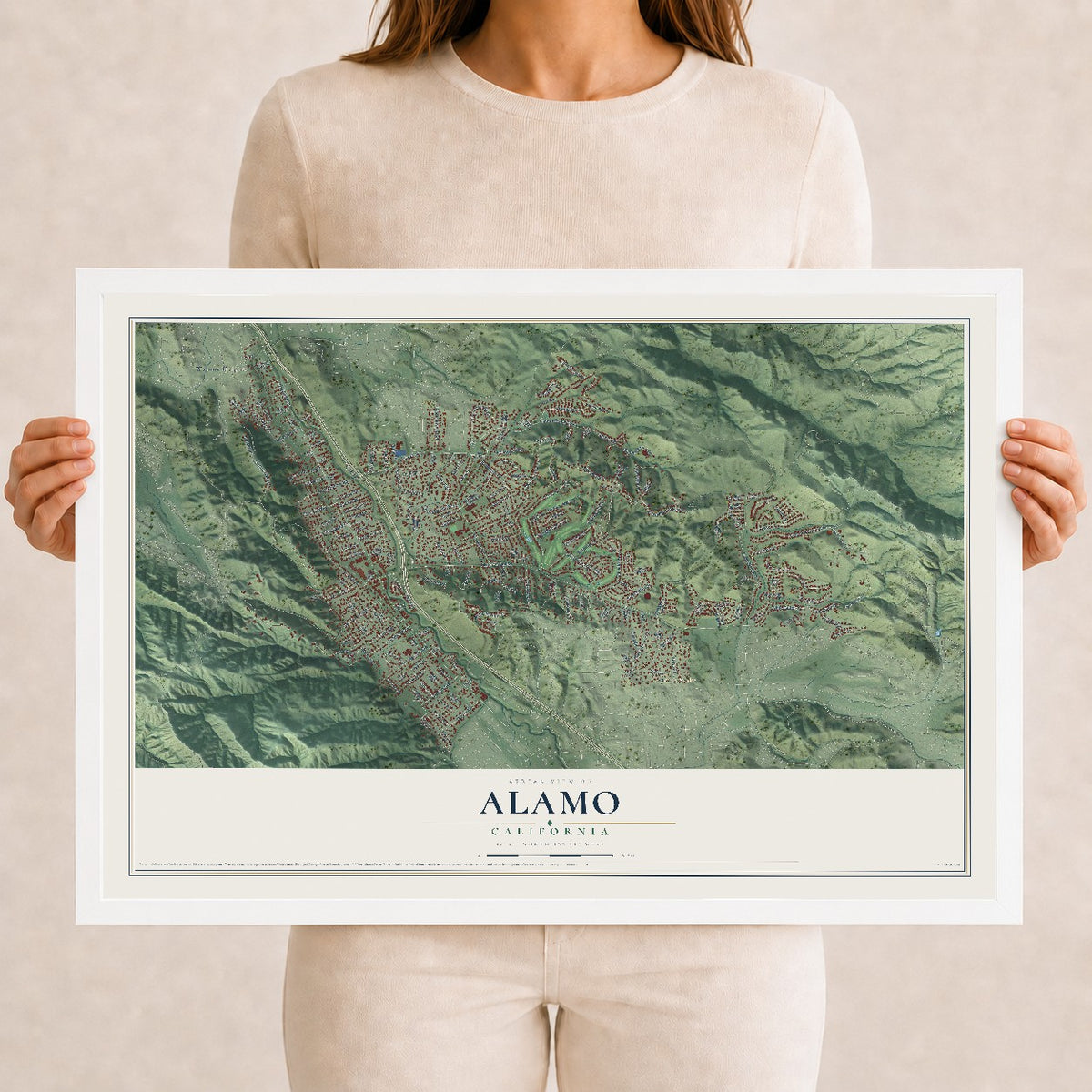 Map of Alamo, California, 12 x 18 inch print in a white wood frame