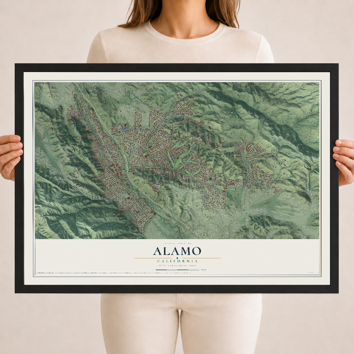 Map of Alamo, California, 18 x 24 inch print in a black wood frame