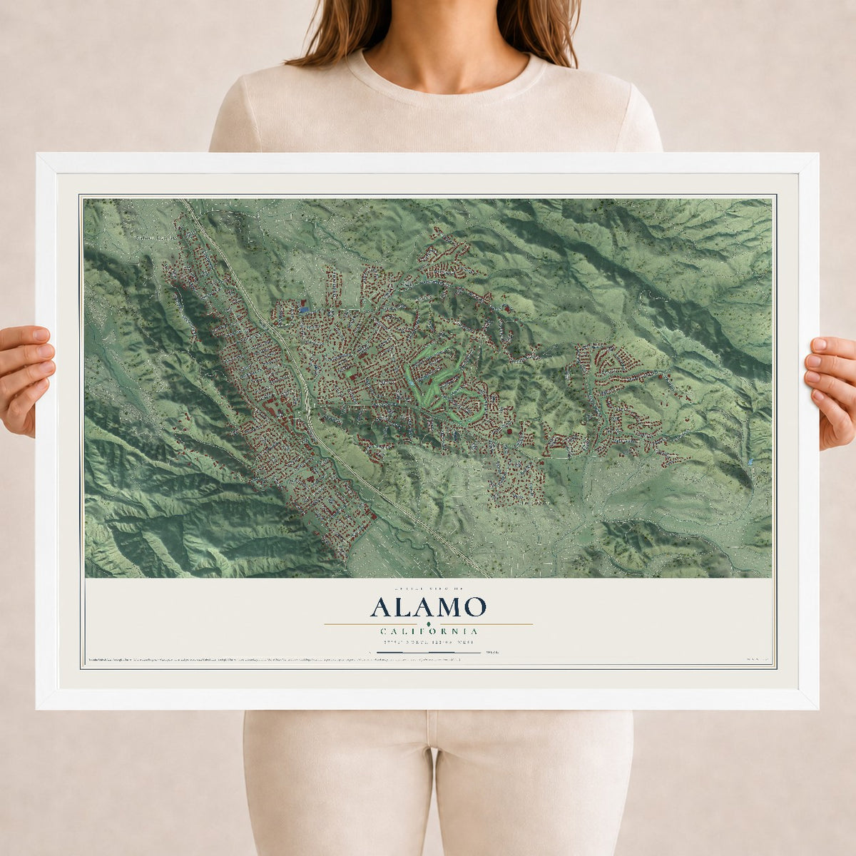 Map of Alamo, California, 18 x 24 inch print in a white wood frame