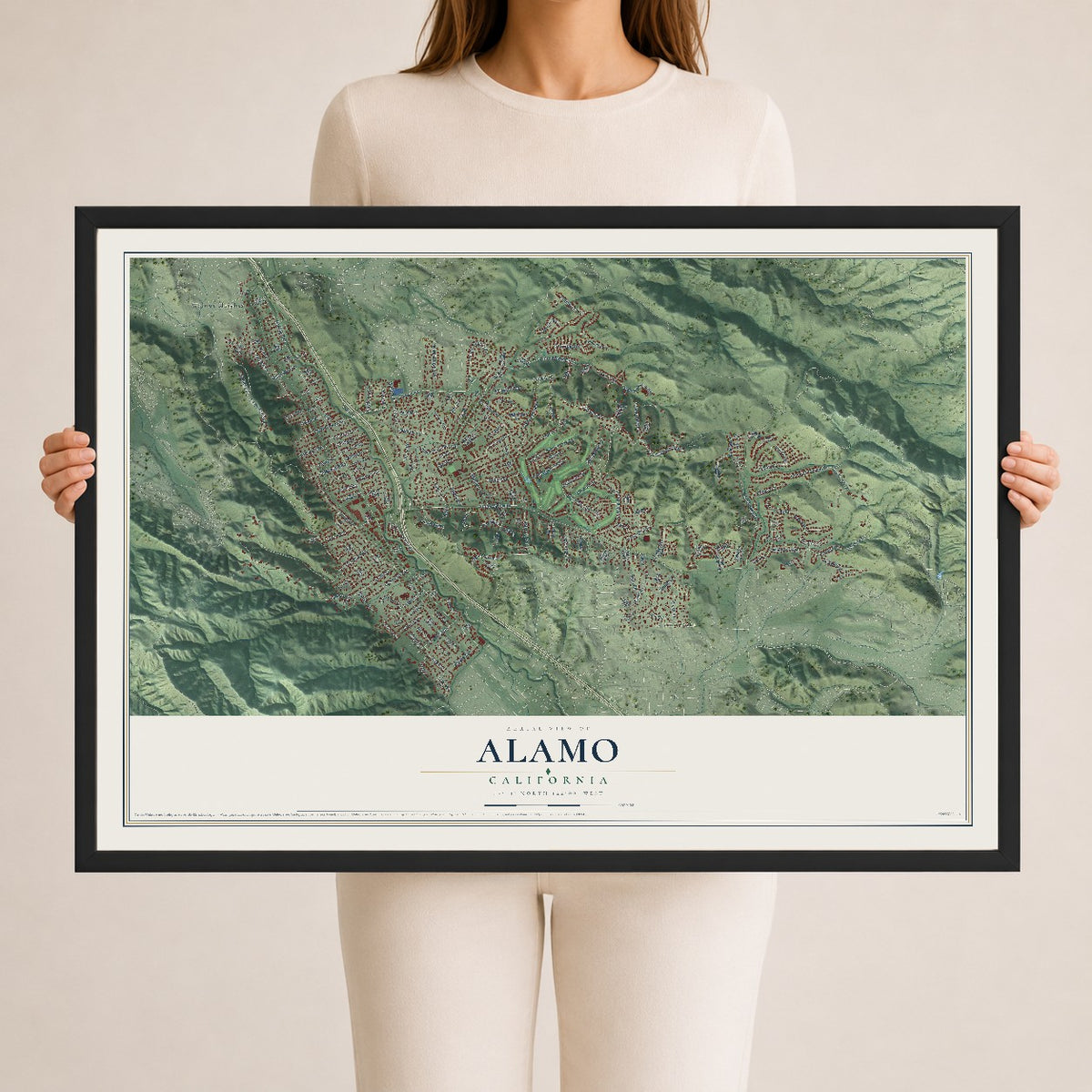 Map of Alamo, California, 24 x 36 inch print in a black wood frame