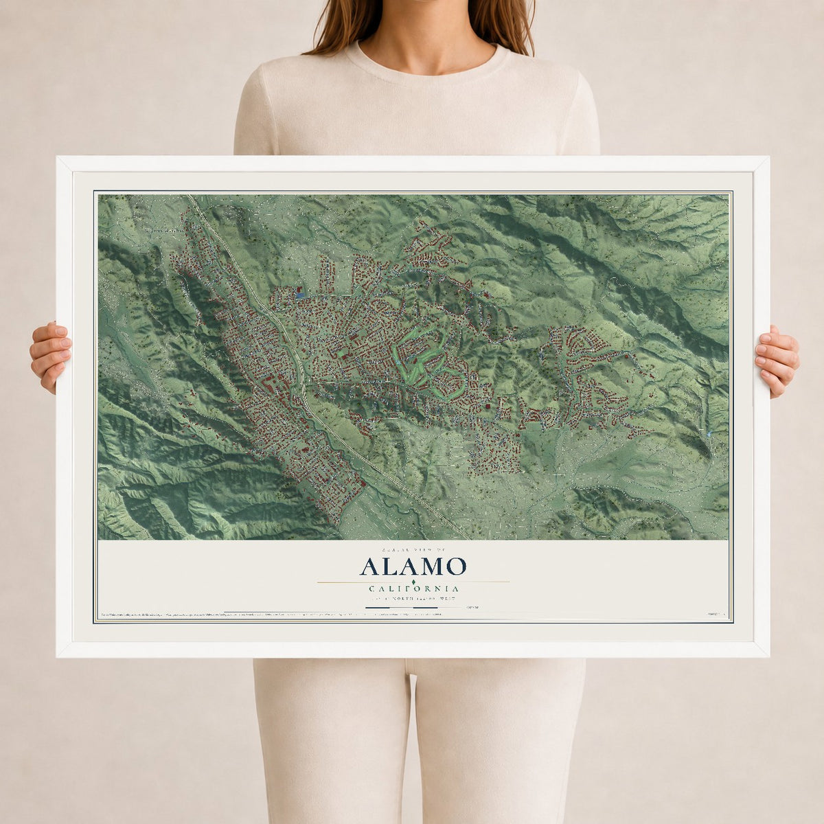 Map of Alamo, California, 24 x 36 inch print in a white wood frame