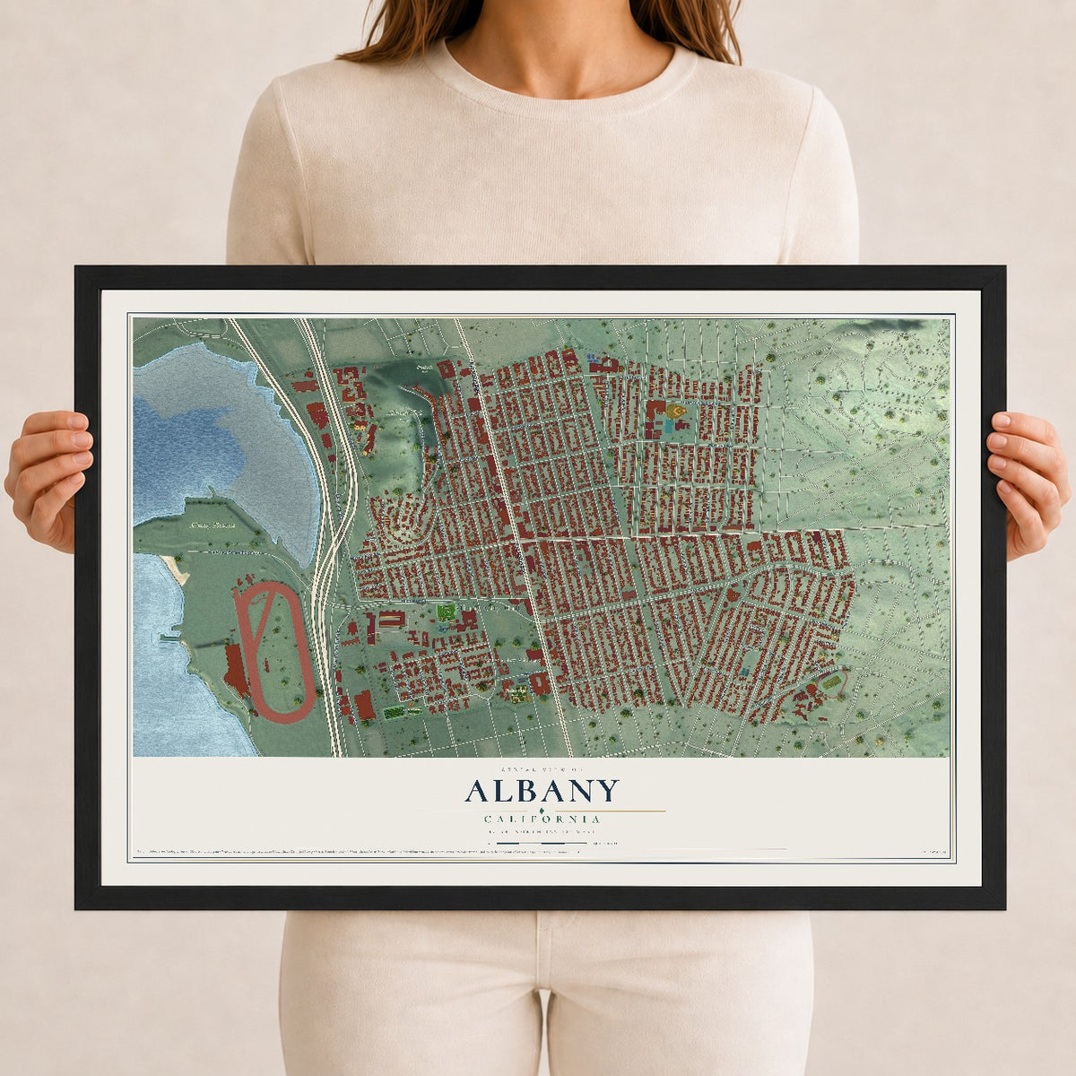 Map of Albany, California, 12 x 18 inch print in a black wood frame