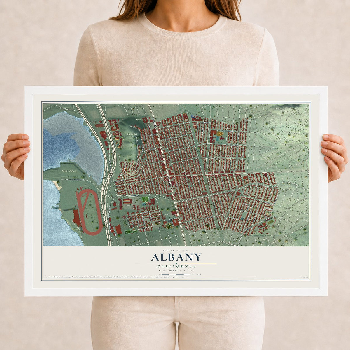 Map of Albany, California, 12 x 18 inch print in a white wood frame