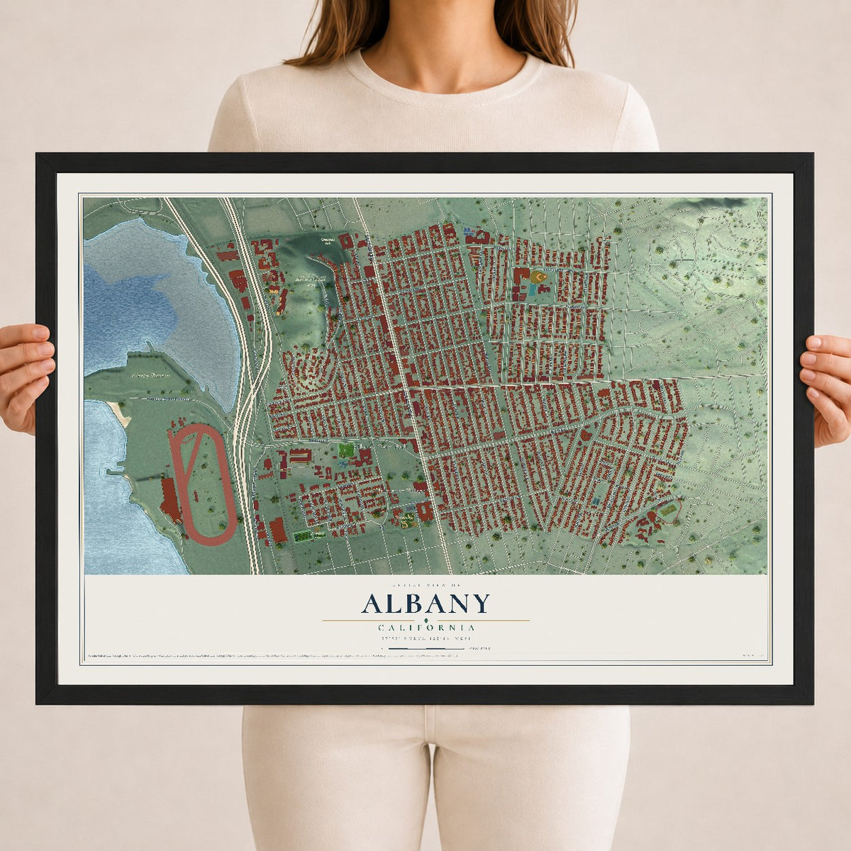 Map of Albany, California, 18 x 24 inch print in a black wood frame
