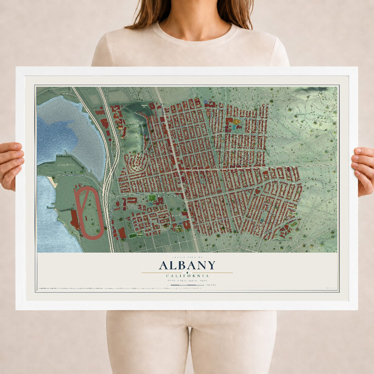 Map of Albany, California, 18 x 24 inch print in a white wood frame
