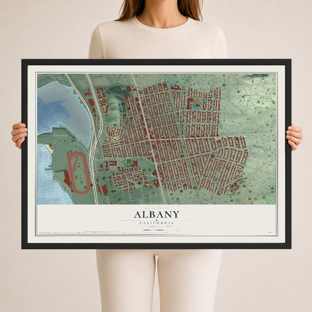Map of Albany, California, 24 x 36 inch print in a black wood frame