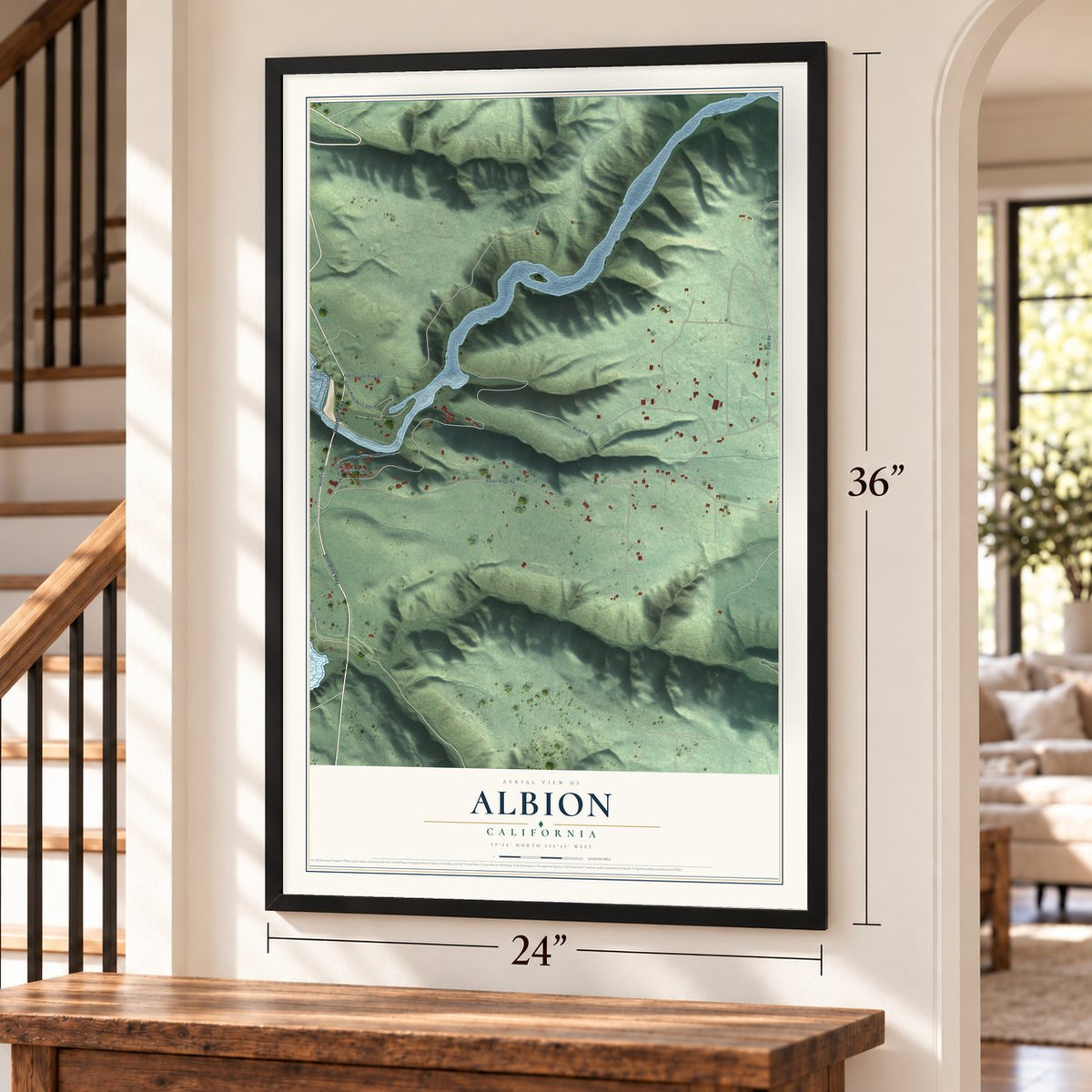 Albion, California map, 24 x 36 inch print in a black frame by a staircase