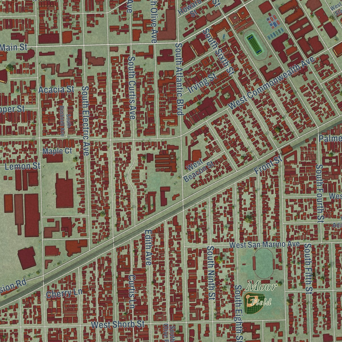 Close-up of the map of Alhambra, California print showing street and building detail