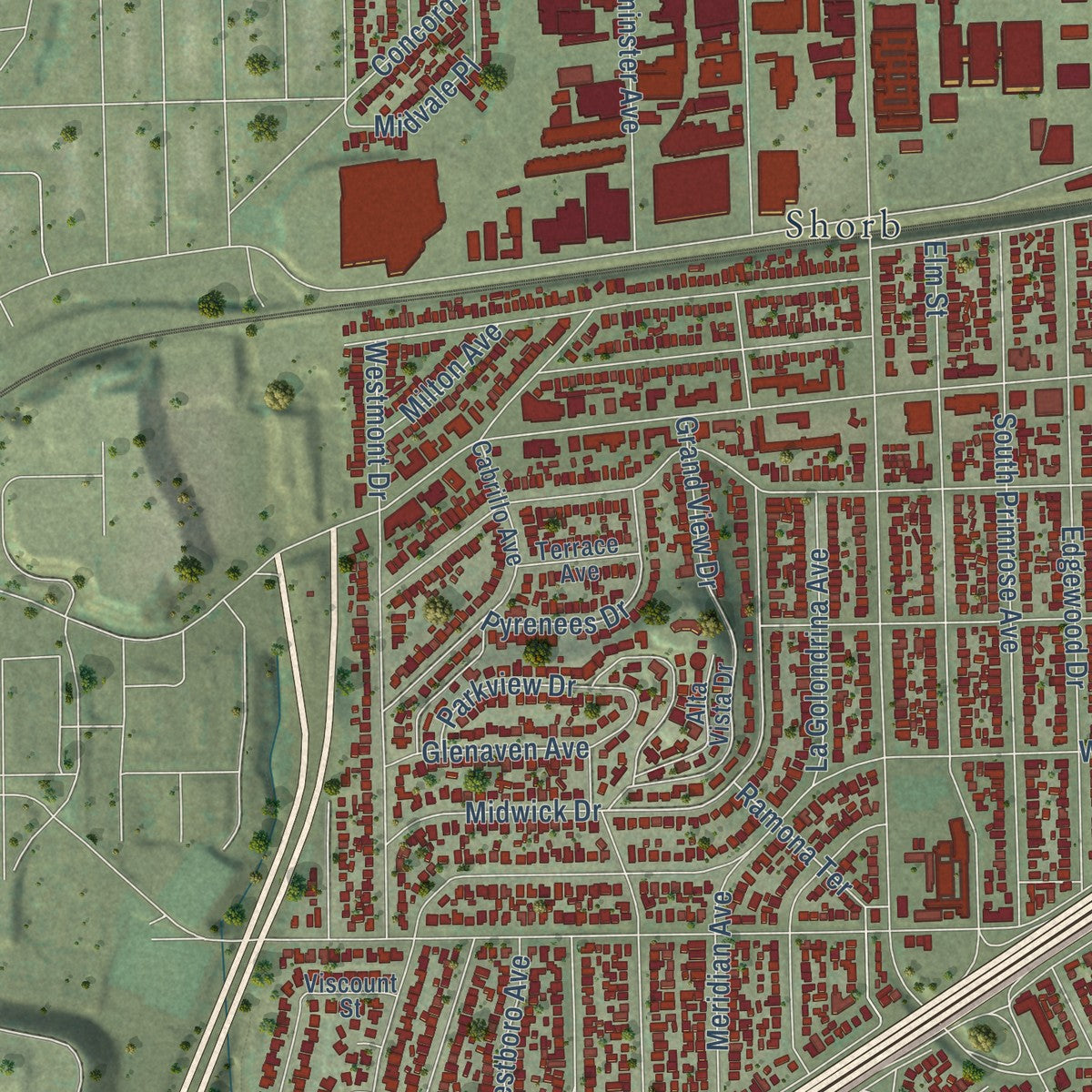 Second close-up of the map of Alhambra, California print showing more streets and buildings