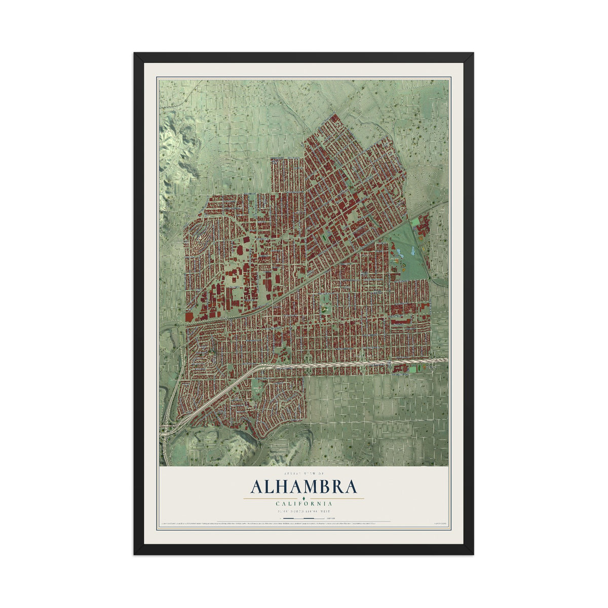 Map of Alhambra, California, 12 x 18 inch print in a black wood frame