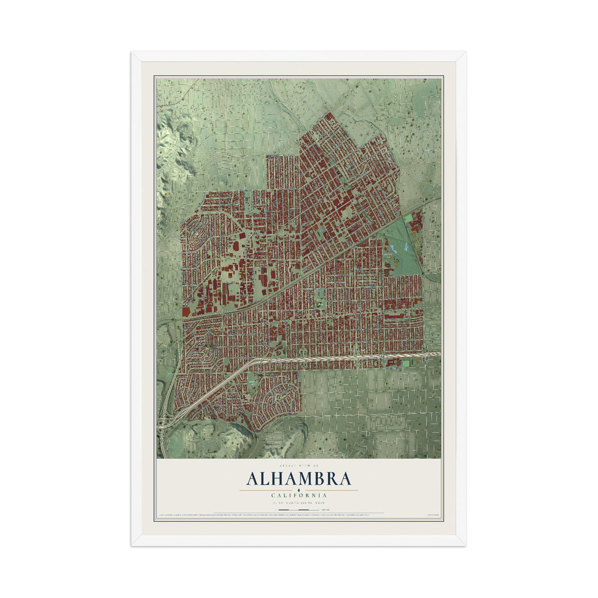 Map of Alhambra, California, 12 x 18 inch print in a white wood frame