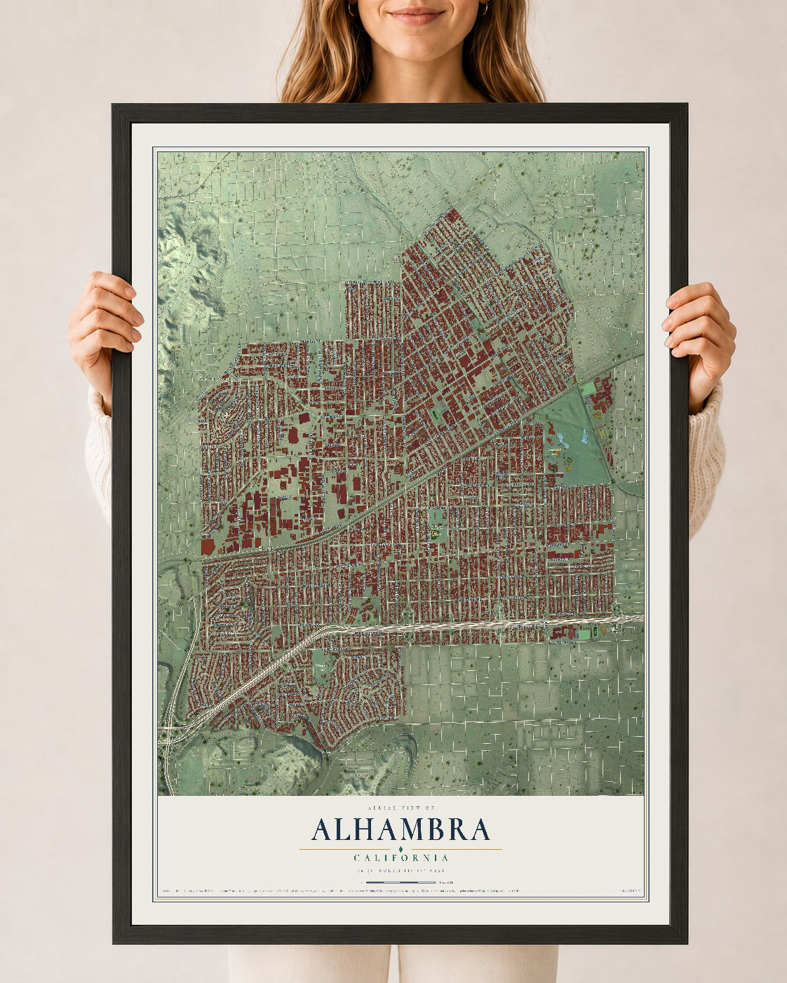 Map of Alhambra, California, 24 x 36 inch print in a black wood frame