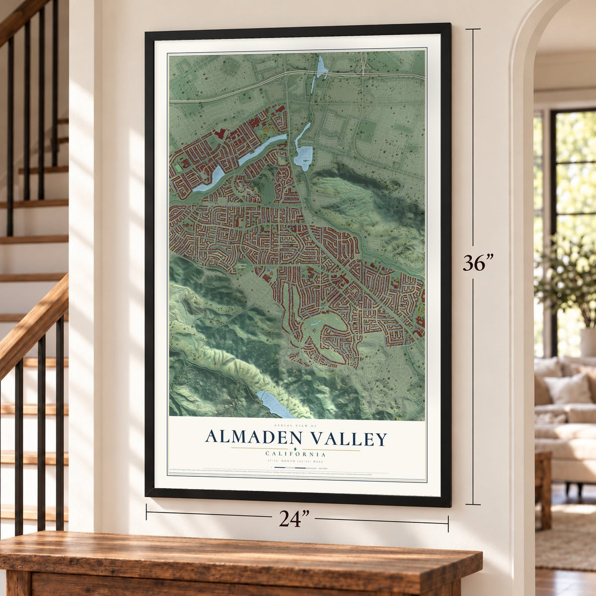 Almaden Valley, California map, 24 x 36 inch print in a black frame by a staircase