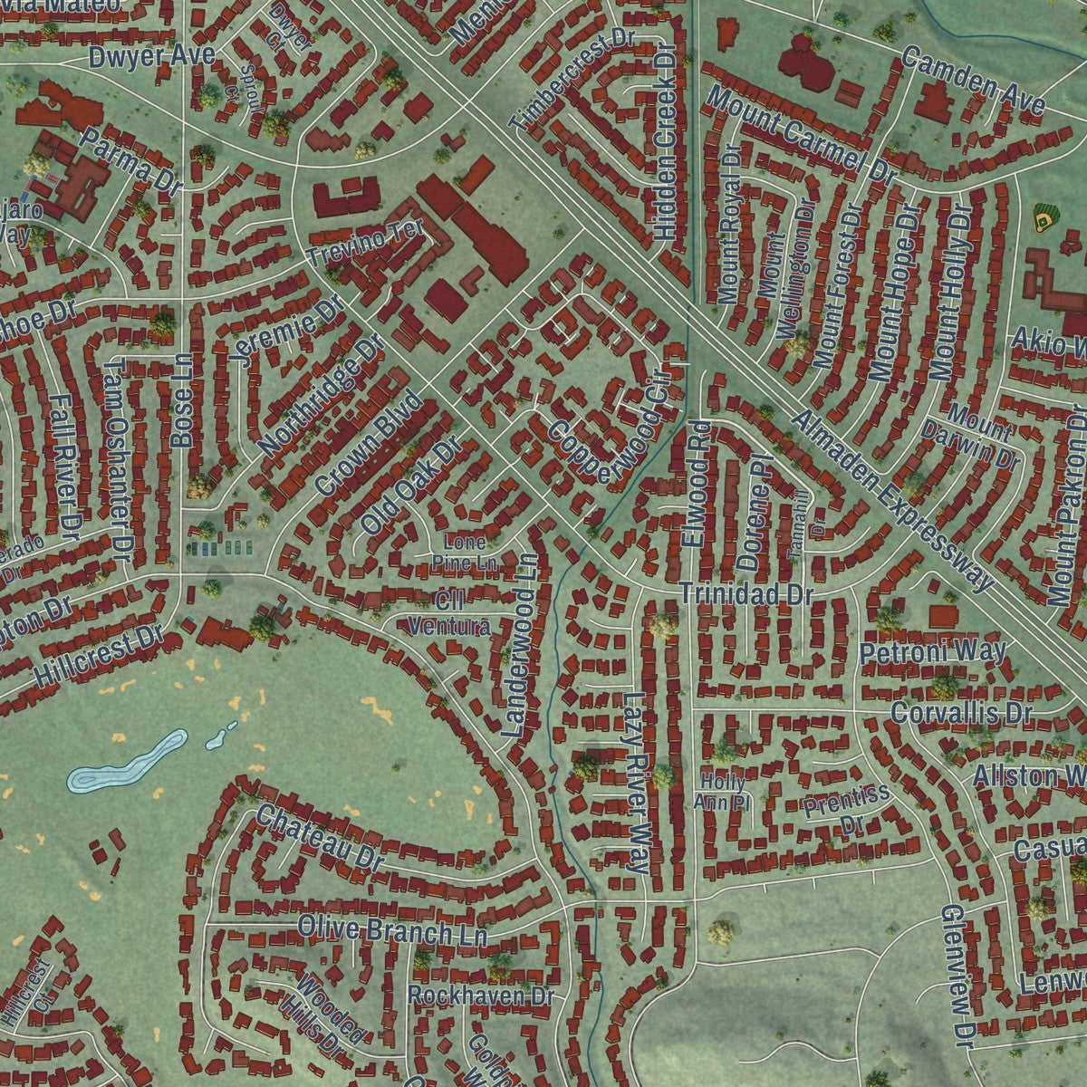 Close-up of the map of Almaden Valley, California print showing street and building detail