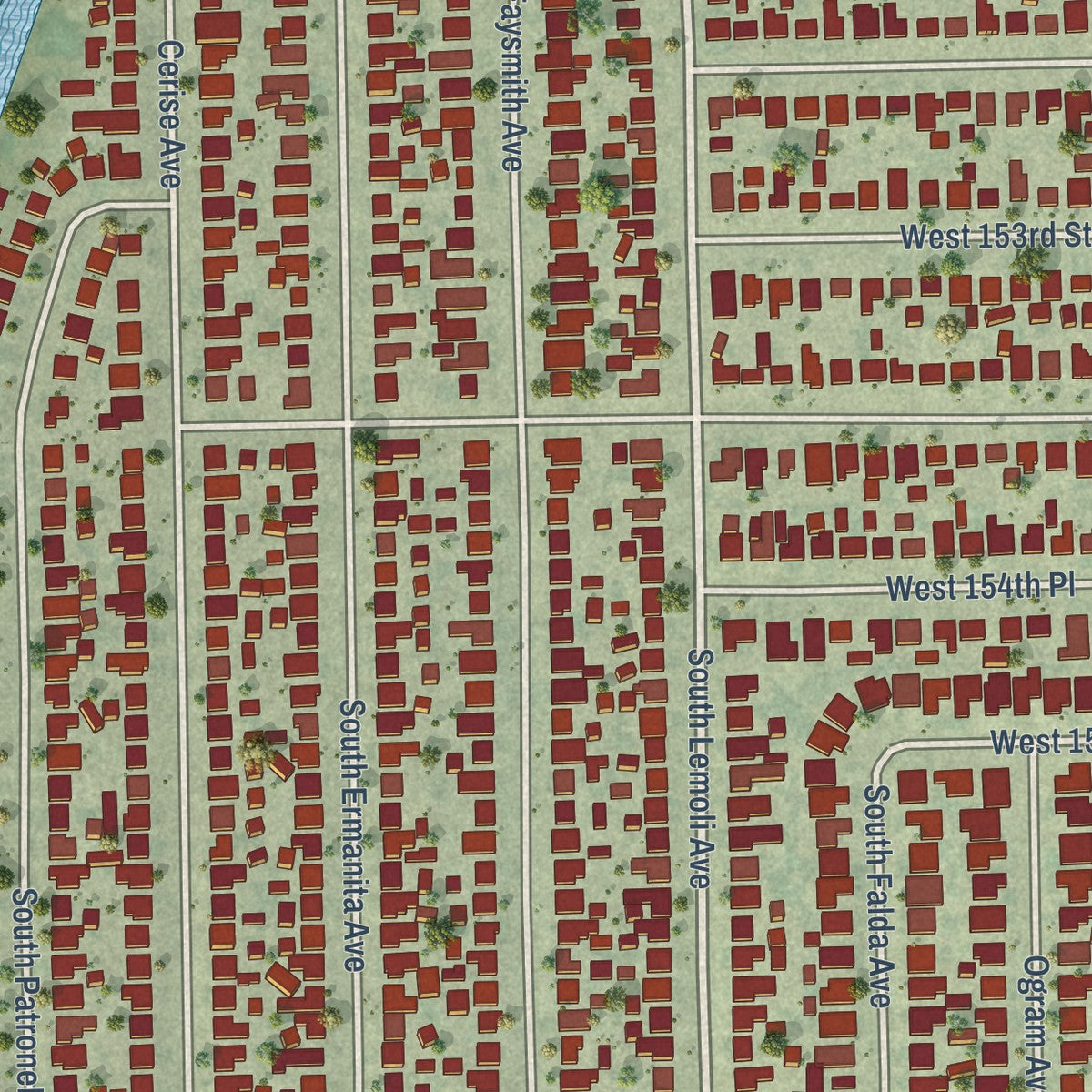 Close-up of the map of Alondra Park, California print showing street and building detail