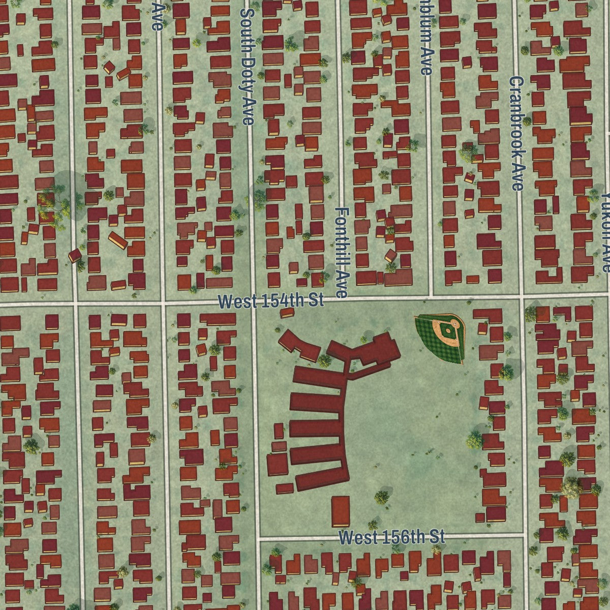 Second close-up of the map of Alondra Park, California print showing more streets and buildings