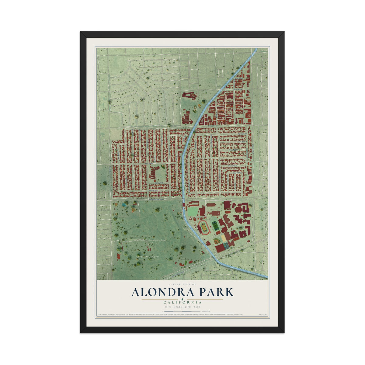 Map of Alondra Park, California, 12 x 18 inch print in a black wood frame