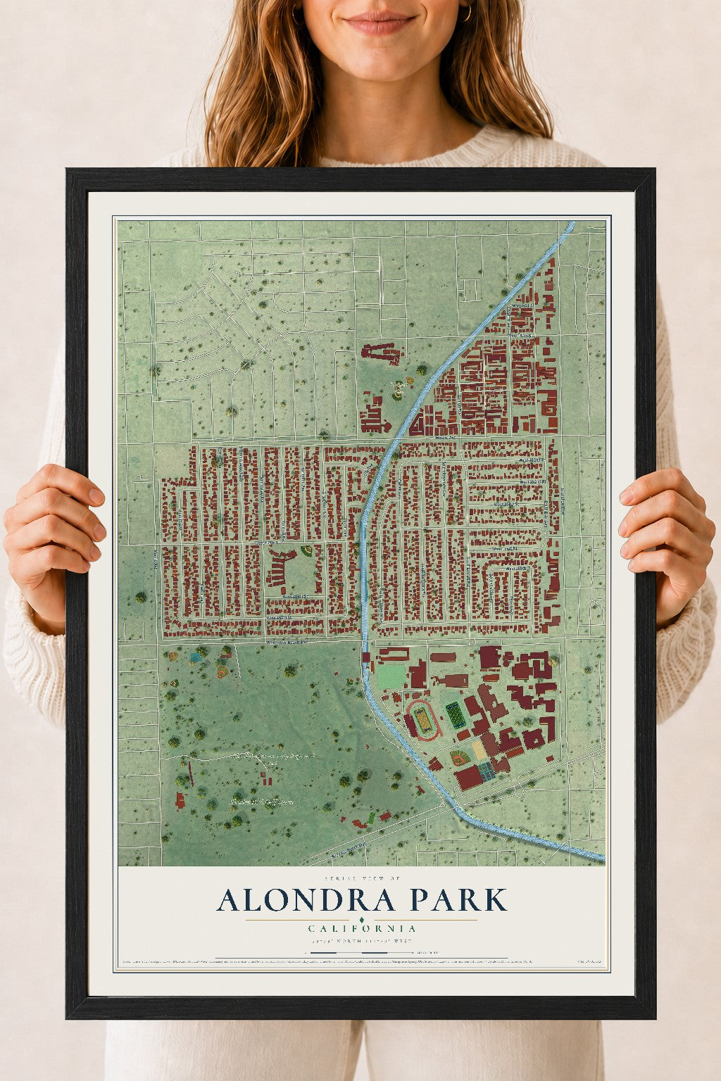 Map of Alondra Park, California, 18 x 24 inch print in a black wood frame