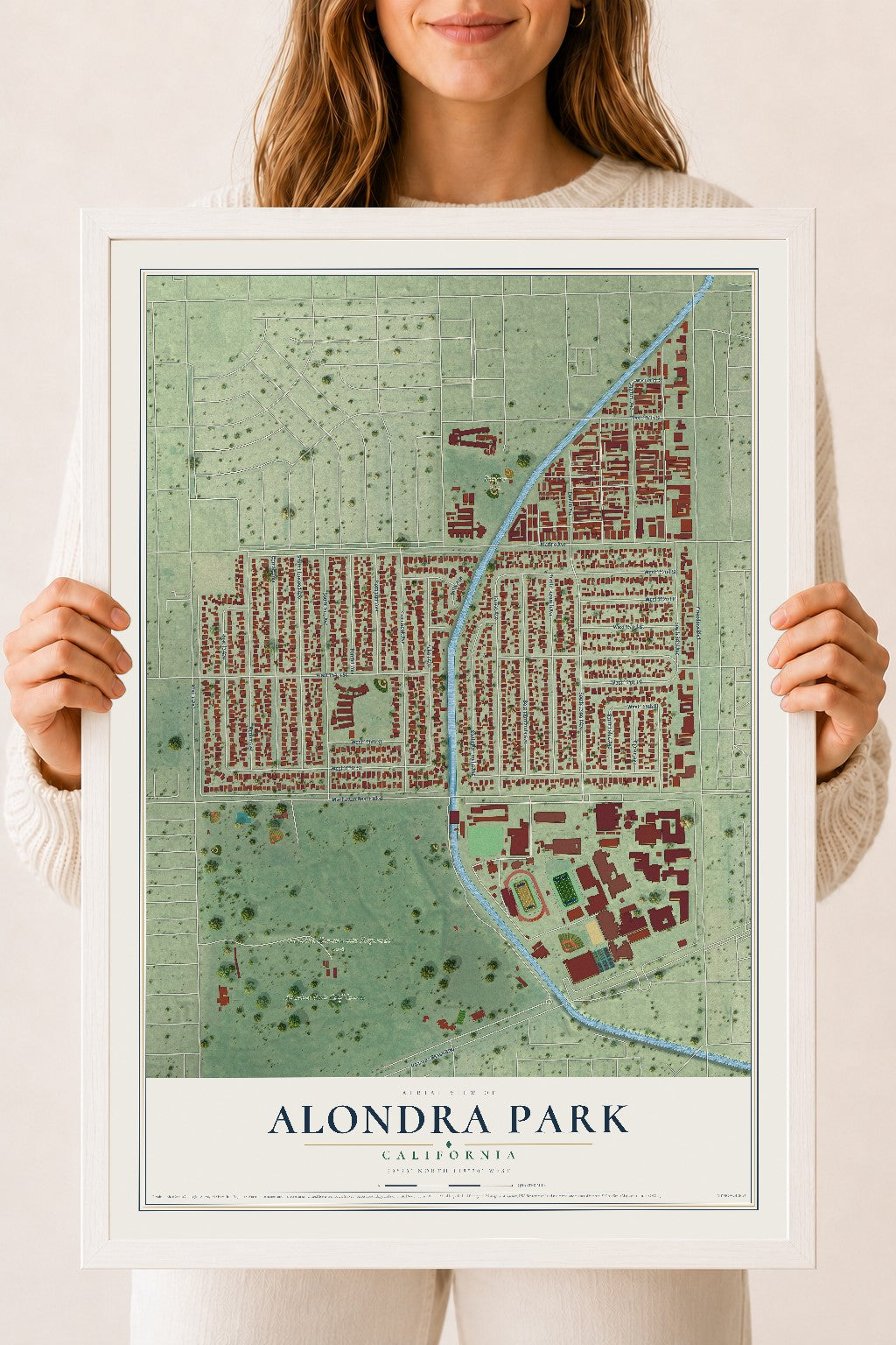 Map of Alondra Park, California, 18 x 24 inch print in a white wood frame