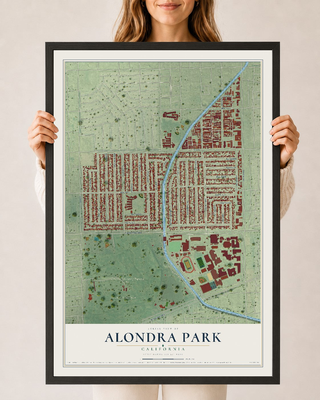 Map of Alondra Park, California, 24 x 36 inch print in a black wood frame
