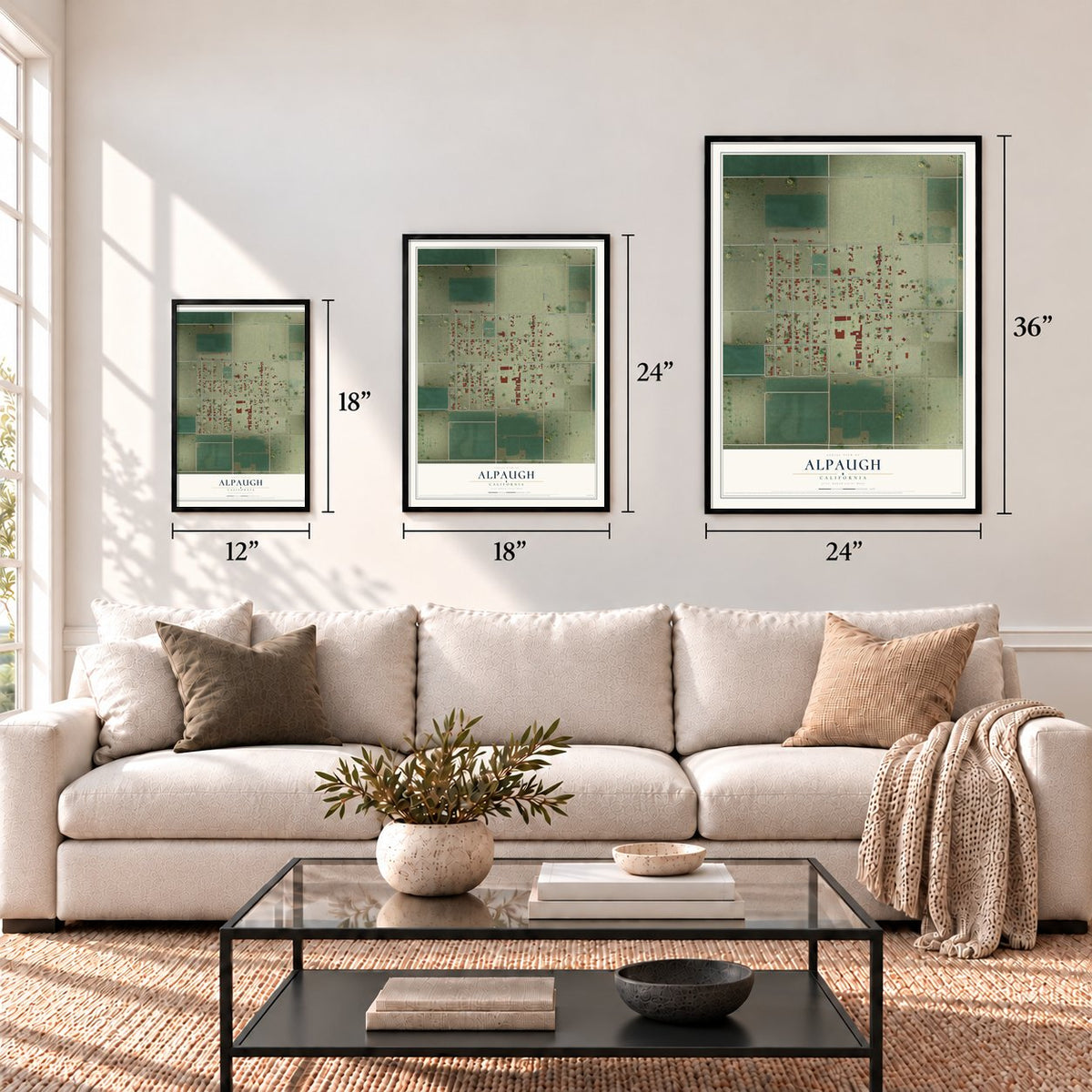 Alpaugh, California map in 12 x 18, 18 x 24 and 24 x 36 inch sizes above a sofa