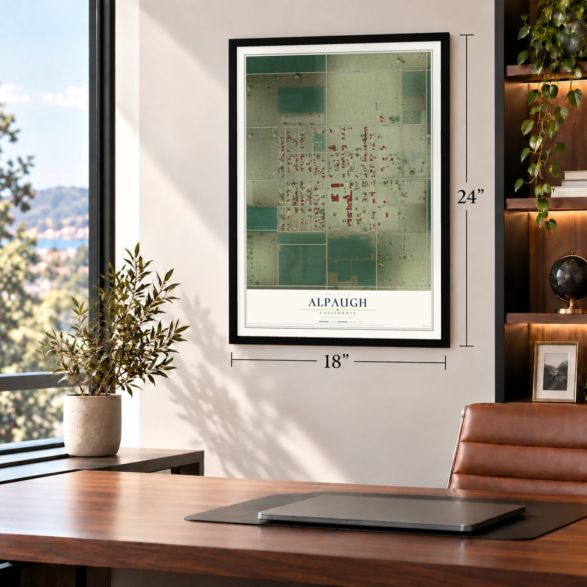 Alpaugh, California map, 18 x 24 inch print in a black frame in a home office