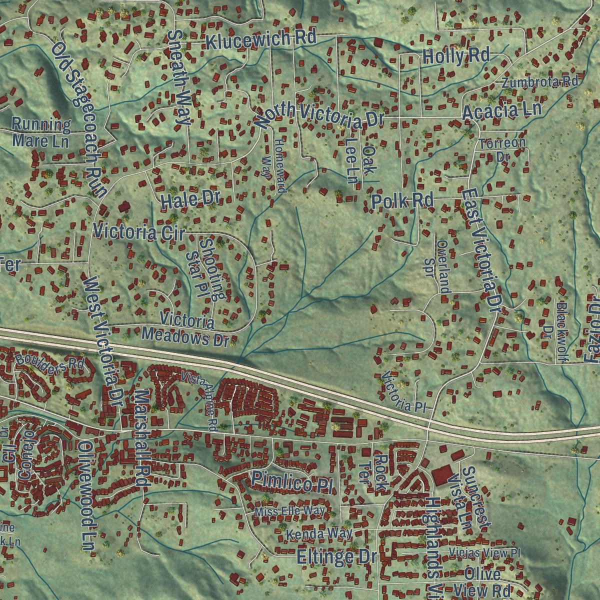 Close-up of the map of Alpine, California print showing street and building detail